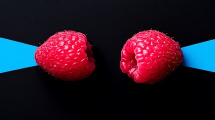 Two raspberries being drawn to a blue line on a black background. Use Creative nutrition concept