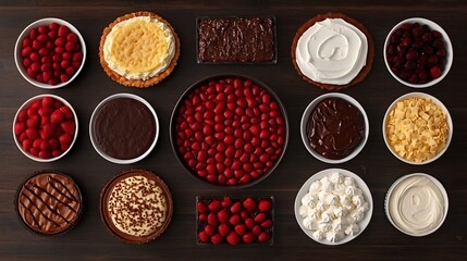 Variety of desserts with berries on a wooden table for catering or buffet, overhead shot