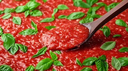 Tomato sauce being stirred with basil background. For cooking websites, blogs, recipe books use