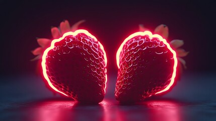 Two strawberries close together with neon glow. Dark backdrop. For food or healthy lifestyle
