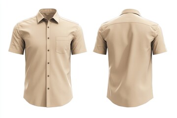 Beige short-sleeved shirt mockup template on a white background, front and back view. Mock-up of a man's business casual dress with a collar for design presentation,