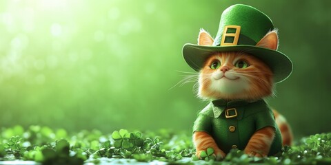 A cute orange tabby cat dressed up in an Irish attire, including a hat and collar, set against a background of shamrock-covered grass.