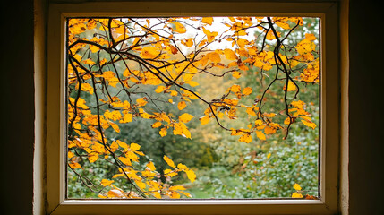 Autumn Leaves Framing a Scenic View Through a Window in Nature