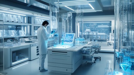 A scientist using holographic technology to study the impact of a new agricultural technique in a futuristic research lab, The room is clean and filled with advanced equipment