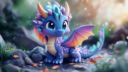 A multicolored ceramic dragon statue amidst fallen autumn leaves