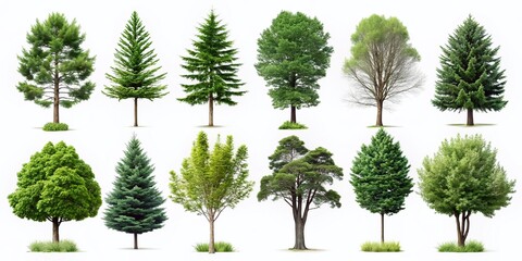 Twelve Diverse Trees Isolated on White Background - Minimalist Stock Photo