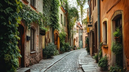 Fototapeta premium Narrow cobblestone street in a charming old European city, evoking a sense of history and timeless beauty.