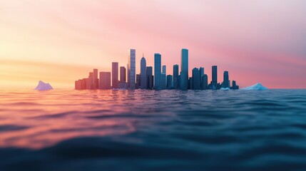 Fototapeta premium Iceberg melting idea. A stunning sunset view of a city skyline reflected in calm waters.