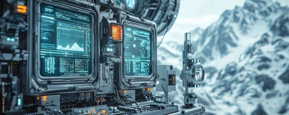 Poster iceberg melting concept. futuristic control panels in a snowy mountain environment with digital disp