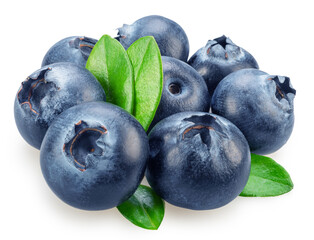 Blueberries with green leaves on white background. Full sharpness for each blueberry. Full...