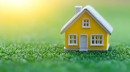 Miniature Yellow House on Green Grass Under Bright Sunshine