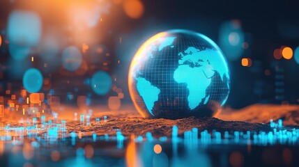 Fototapeta premium Climate Change drought concept. A digital representation of the globe with vibrant, glowing elements.