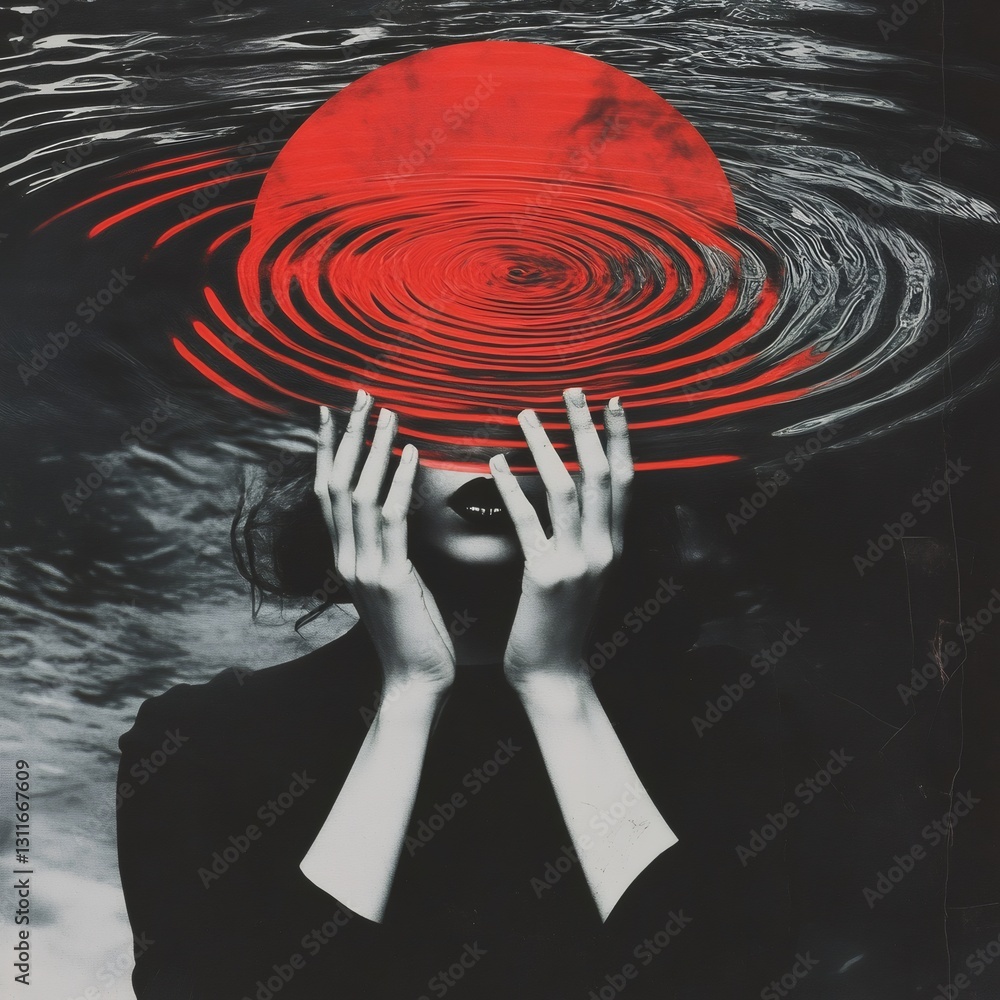 Poster red planet enigma: a surreal portrait of a person with their face obscured by hands. a striking red 