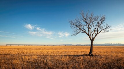 Fototapeta premium Climate Change drought idea. A solitary tree stands against a vibrant sky in a vast golden field.