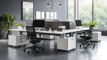 Fototapeta premium Modern office workspace with gray walls, natural light, and minimalist design