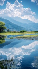 Serene mountain lake reflecting sky.