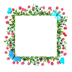 Fresh blueberries and clover flowers background. Set of frames of watercolor berries and clovers, dragonflies, butterflies, bumblebees and bees. Clip art, design element.