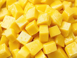 Close-up view of cubed yellow cheese. The image shows the crisp texture and vibrant color characteristic of this dairy product.