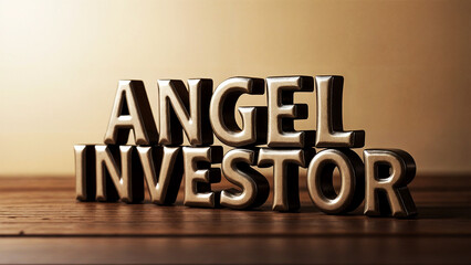 Words text ANGEL INVESTOR in capital large bold letters, with a metallic, 3D effect, placed on a wooden surface.