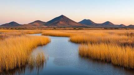 Obraz premium Climate change drought concept. Serene wetland scene with golden grasses and mountains at sunset.