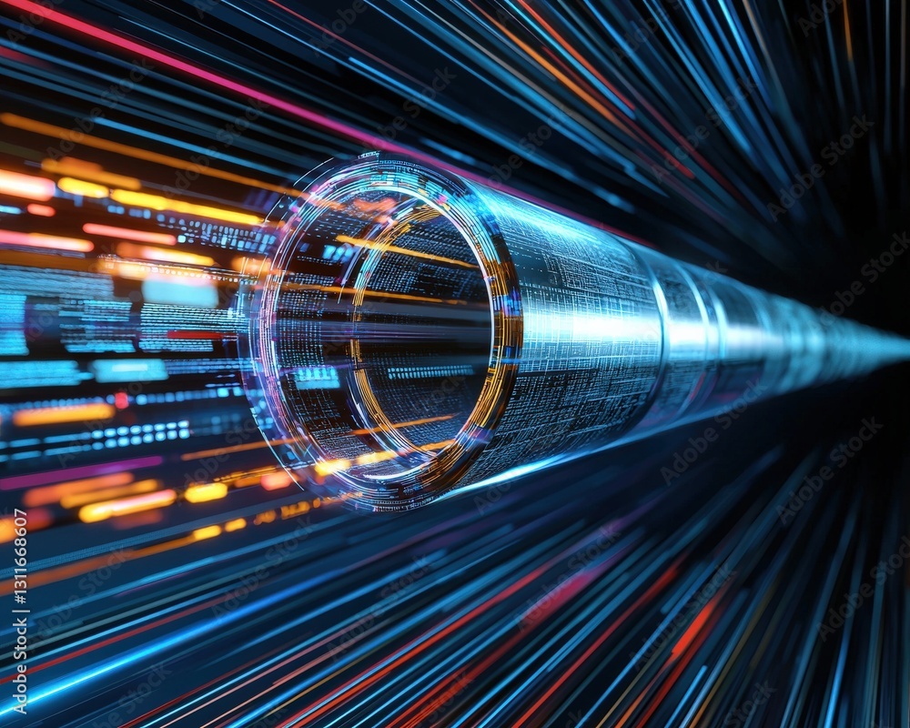 Poster digital files being securely transferred through futuristic pipelines.