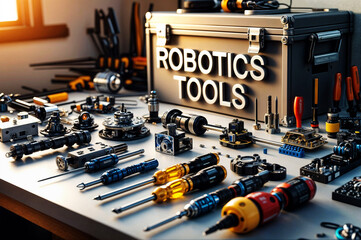 robotics tools and components organized on a table on the background of toolbox labeled word text "ROBOTICS TOOLS"