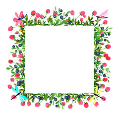 Obraz premium Fresh blueberries and clover flowers background. Set of frames of watercolor berries and clovers, dragonflies, butterflies, bumblebees and bees. Clip art, design element.