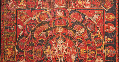 Vishnu With Shridevi And Garuda. centre of mandala is Vishnu as para or Supreme deity, painted white as described in Panchratra Samhita. He is accompanied by his mount Garuda and consort Sridevi