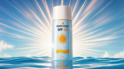 SPF 50 sunscreen bottle with a sun symbol on it, placed in a water setting with a radiant sunburst in the background.