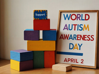 Stack of colorful wooden blocks with a Support sign on top, next to a sign that reads word text phrase "World Autism Awareness Day: April 2 event