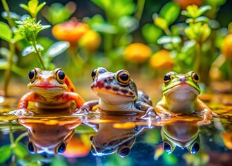 Underwater Closeup: Three Baby Aquatic Amphibians in Shallow Water with Bokeh