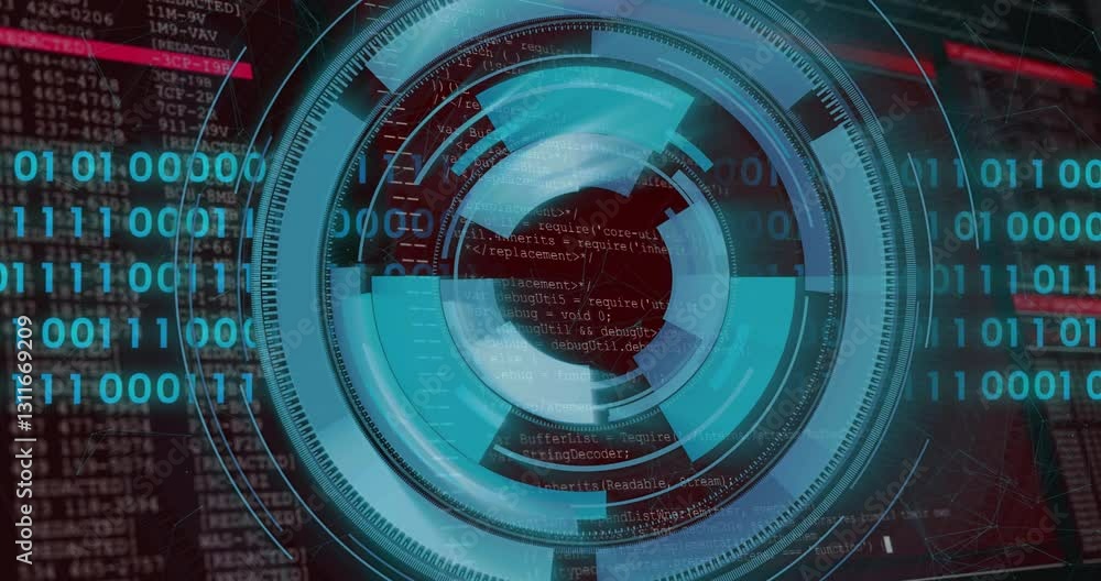 Poster rotating blue circles in animation over computer code on digital interface