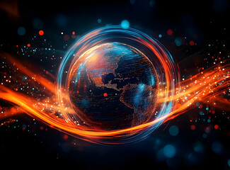 Obraz premium Abstract globe with vibrant orange and blue energy lines swirling around it on a dark background, creating a dynamic and futuristic digital design.