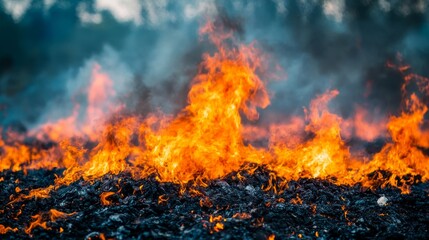 A massive pile of burning garbage at a suburban dump, with large flames and smoke rising against a simple, blurred background, symbolizing environmental pollution and waste management issues.