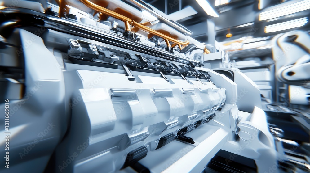 Poster automated car engine assembly plant, high-tech robotics assembling vehicle components.