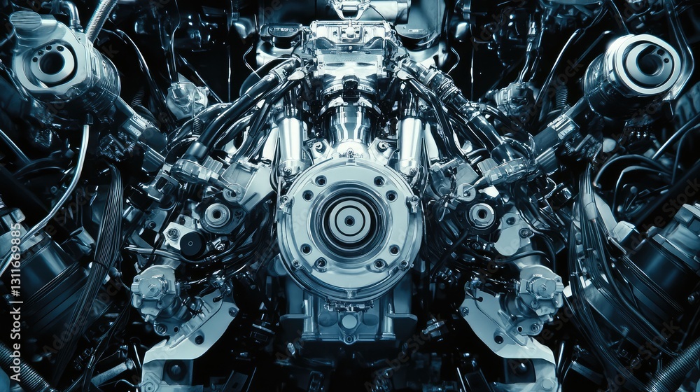 Poster automated car engine assembly plant, high-tech robotics assembling vehicle components.
