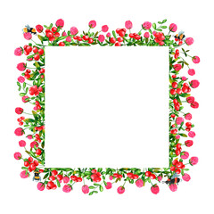 Fresh lingonberries and clover flowers background. Set of frames made of watercolor berries and clovers. Clip art, design element.