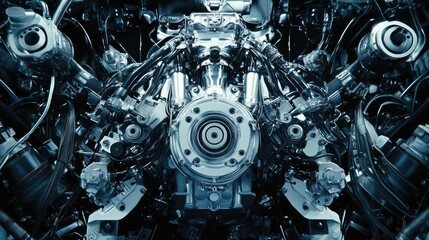 Fototapeta premium Automated car engine assembly plant, high-tech robotics assembling vehicle components.