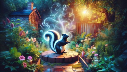 Holographic Skunk in Garden A skunk spraying in a garden with ho