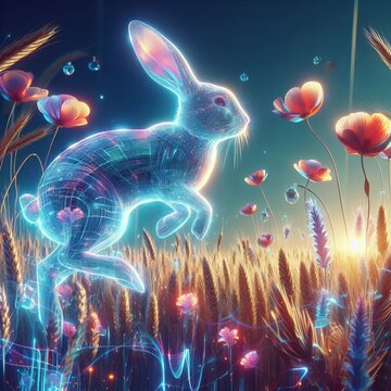 Holographic Rabbit in Field A rabbit hopping through a field wit
