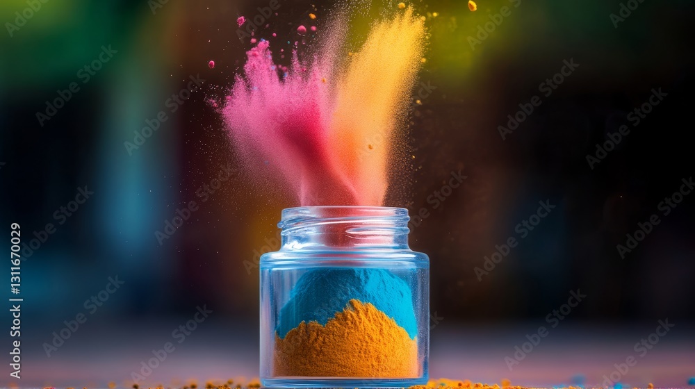 Poster jar of colorful powder is shown with a splash of color in the air. the jar is filled with a variety 