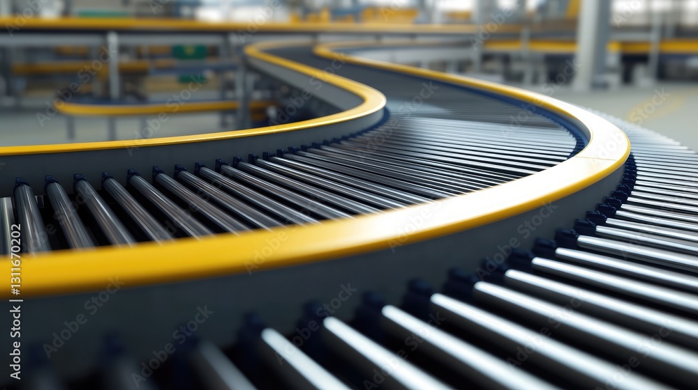 Poster automated production line with conveyor belts, factory background slightly blurred, emphasizing mode