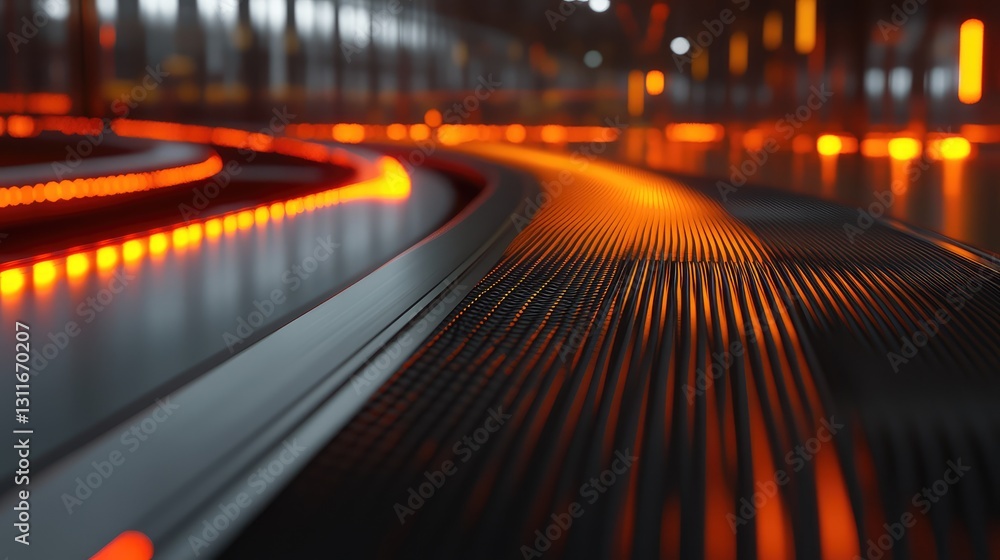 Poster automated production line with conveyor belts, factory background slightly blurred, emphasizing mode