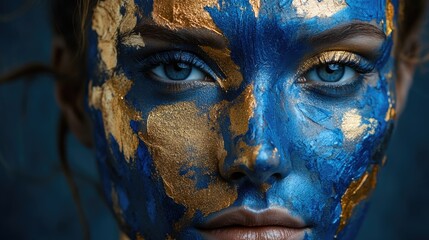 A woman with blue and gold face paint. The blue and gold colors give the impression of a beautiful, artistic, and bold look