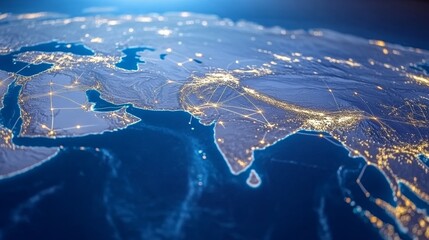 Close-up of a digital map of the Middle East with glowing network connections, symbolizing global communication, technology, and data connectivity in the region.