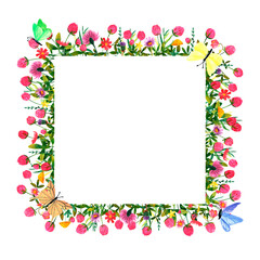 Wildflowers and clover flowers background. Set of frames of watercolor berries and clovers, dragonflies, butterflies, bumblebees and bees. Clip art, design element.