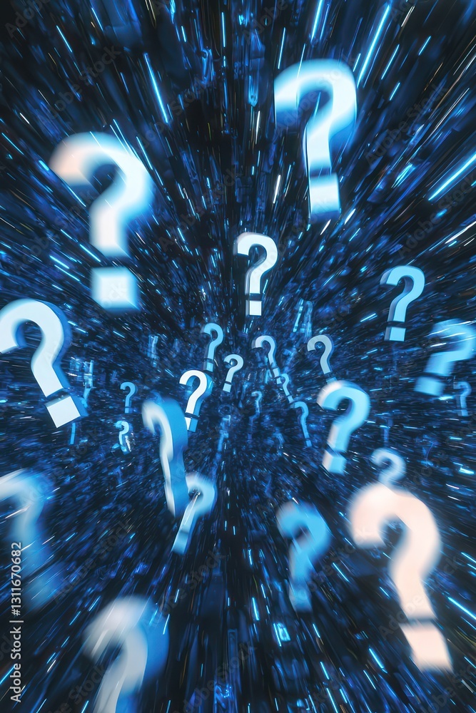 Aufkleber information overload challenges depicted through a digital stream filled with question marks.