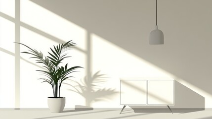 Minimalist room, sunlight, plant, cabinet, interior design