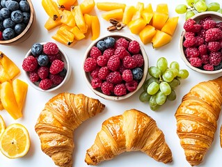 An elegant continental breakfast spread featuring fresh croissants and vibrant seasonal fruits on a table setting