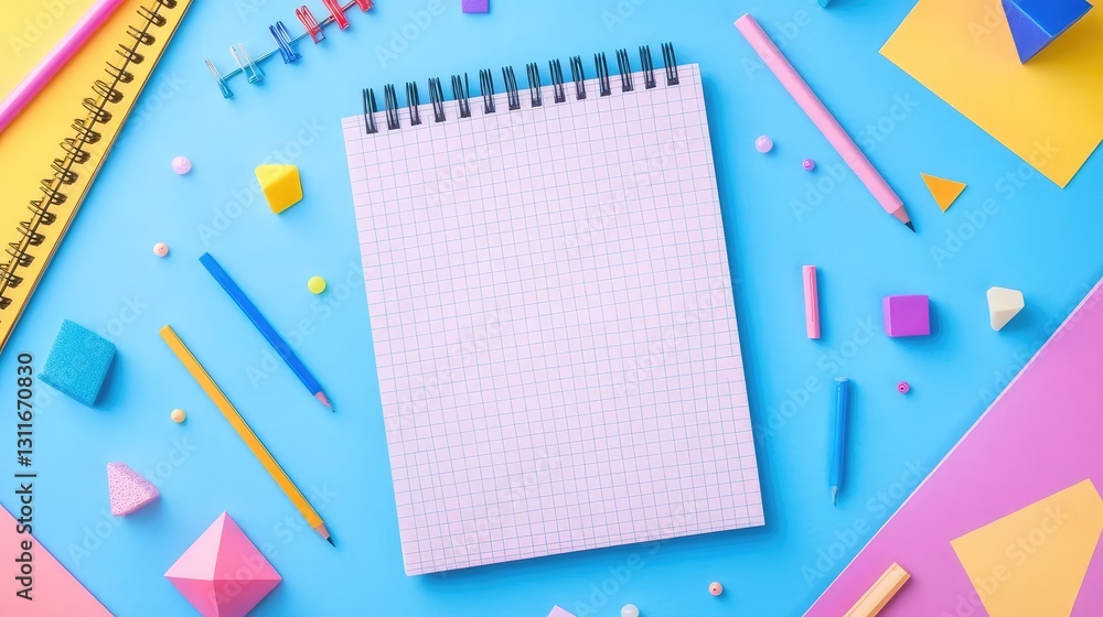 Poster a blank notepad with a colorful geometric pattern of shapes around it, illustrating creativity and d